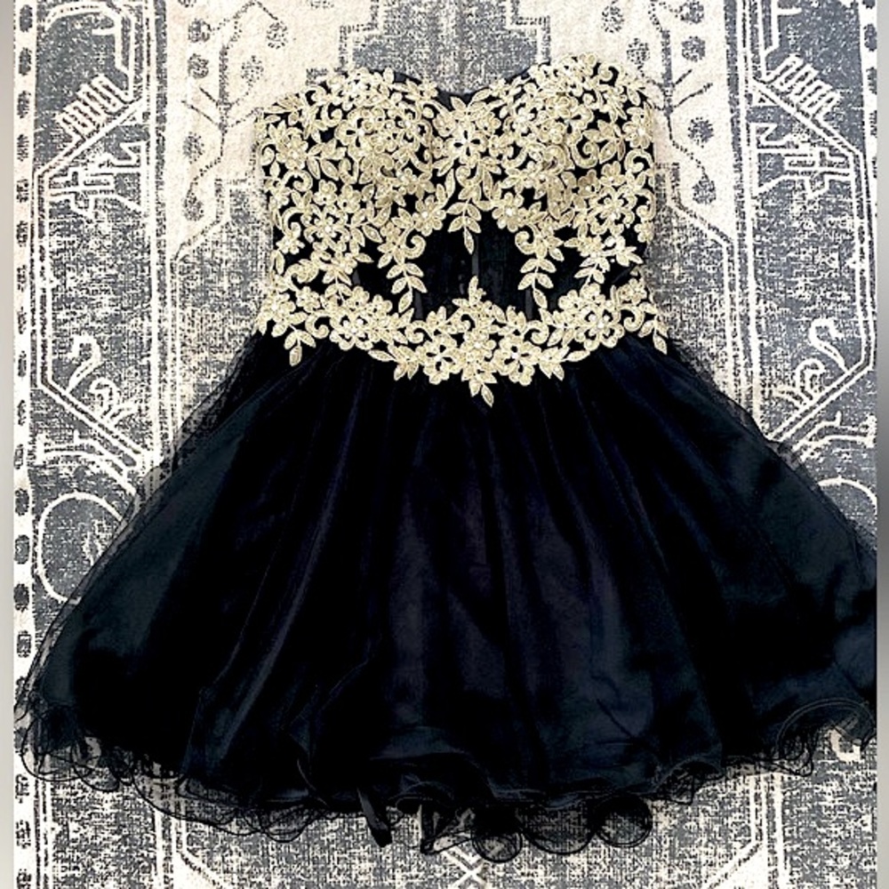 🦋NWOT Blondie Nites Gold Rhinestone Corset Black Strapless Mini Dress: Size 9